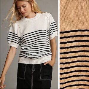 🦊 Anthropologie English Factor Tan Striped Puff Short Sleeve Sweater Large